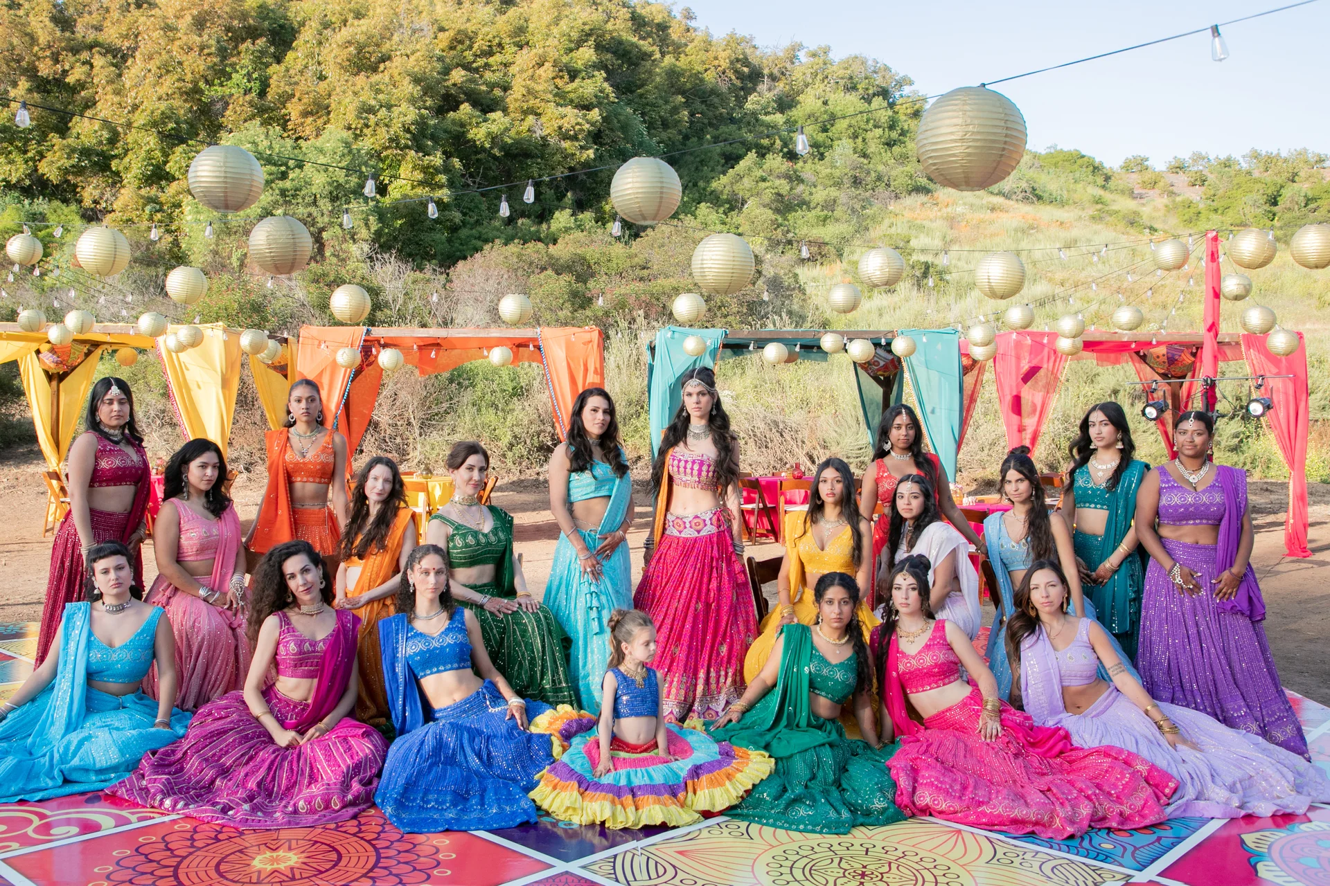 A colorful group portrait at Shabhu & Ashish’s Sangeet