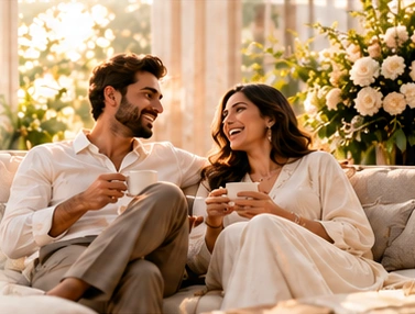 Conceptual illustration of a relaxed couple enjoying a quiet moment together