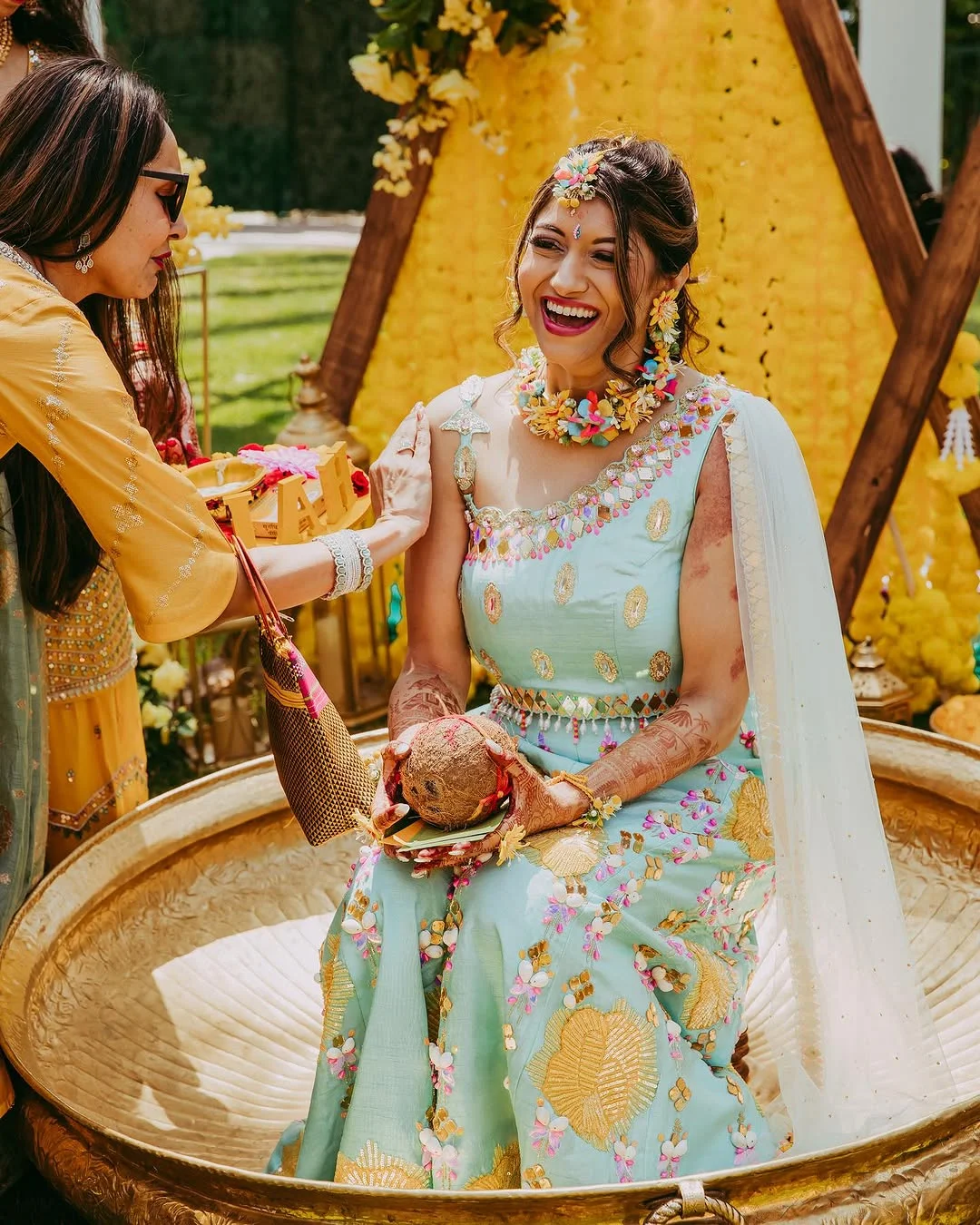 Karisma & Om — laughter during Haldi
